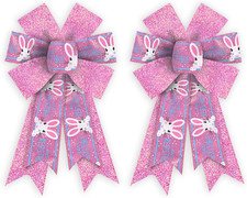 2 Pack Easter Wreath Bows, Pink Glitter Bows for Wreath Easter Bunny Decoration