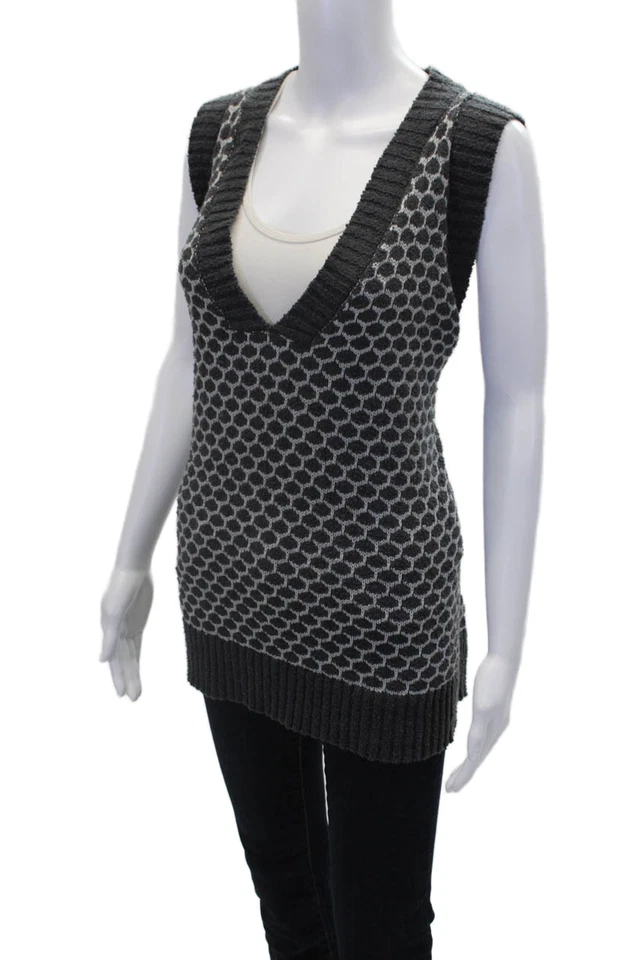 Planet by Lauren G Womens Cotton Blend Spotted V-Neck Sweater Vest Gray Size OS - Image 3 of 4