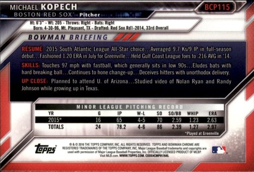 2016 Bowman #BCP115 Michael Kopech Boston Red Sox Chrome Prospects - Picture 2 of 2