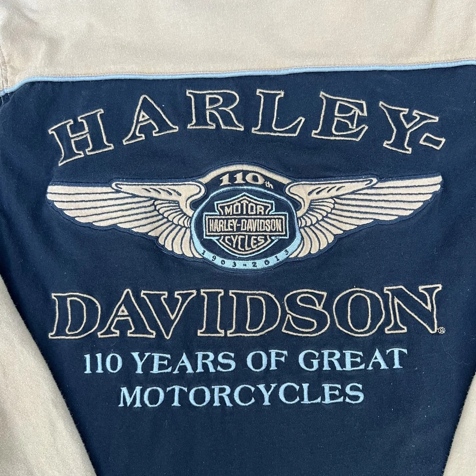 Camiseta Harley Davidson Para Hombre Mediana Beige Negra Manga Larga Rayas Motociclista Alas Foto 4 de 4