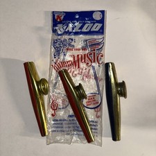 Three Original Kazoos With Package, Metal, Blue, Red.