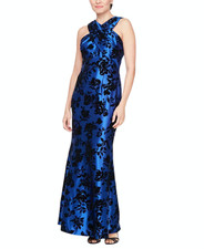 SL Fashions Women's Floral-Print Halter Gown Royal Blue Black Size 10, 12