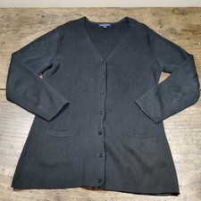 Lands' End Medium 10-12 Cardigan Sweater Black Button Front Pockets Classic