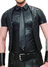 Men's Real Lamb Leather Bartender Vest Quilted Lamb Leather Vest Front Open Vest