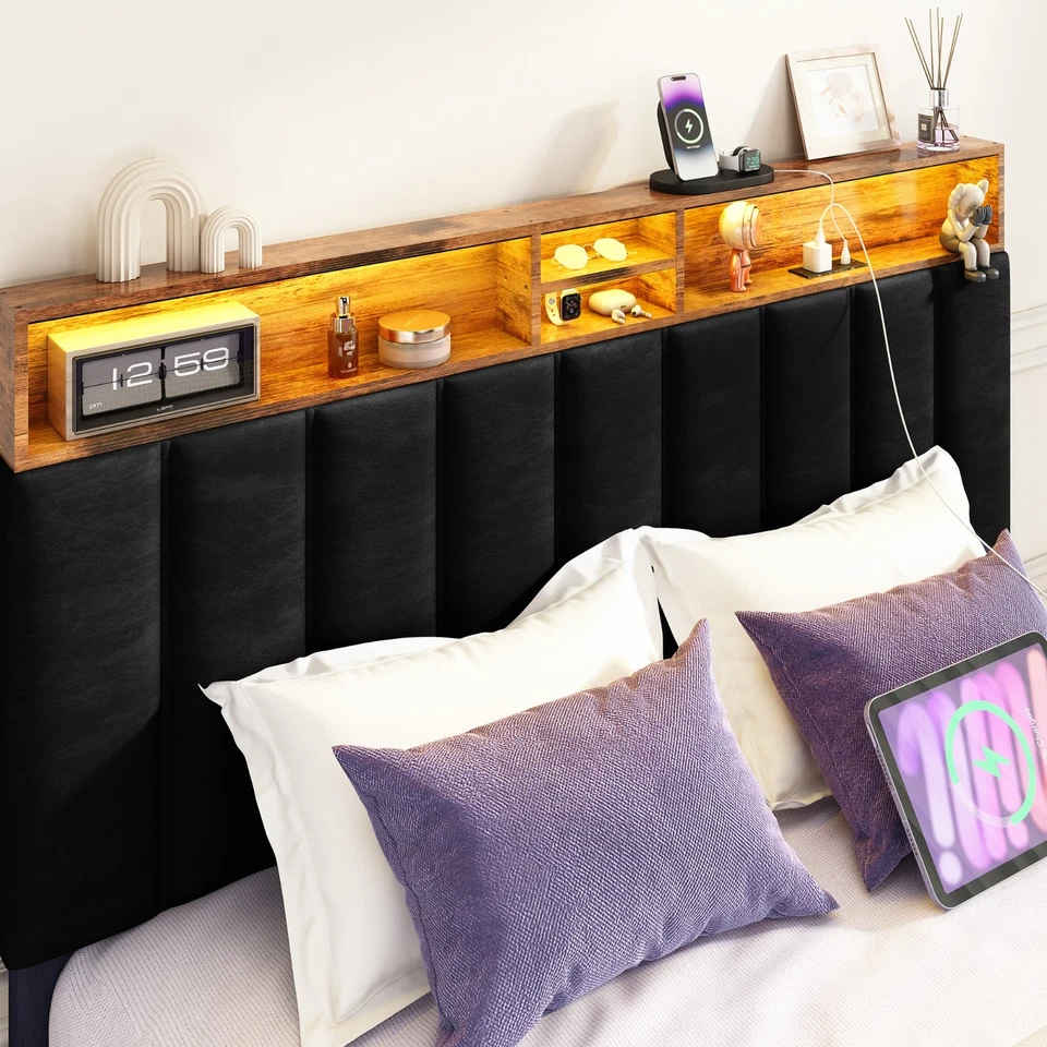 Metal Bed Frame with LED Lighting & Storage Headboard & Charging Full Queen Size - Image 2 of 4