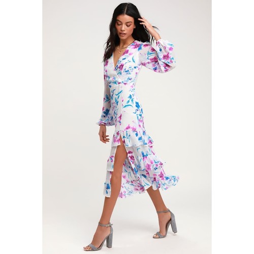 Lulus Damen Midikleid süß Sunday creme und lila Blumenmuster Größe M - Bild 5 von 10