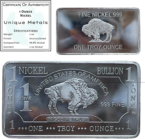 1 Troy Ounce (Oz) Nickel Bar Bullion Paperweight Metal with Certificate of Authe