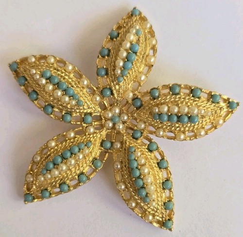 Sarah Coventry Gold Tone Star Fish Brooch Pin Faux Pearl Turquoise Beads Vtg - Imagen 2 de 8