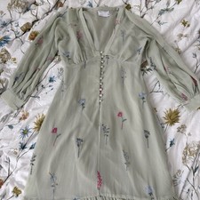 ASOS DESIGN Petite Sage Floral Embroidered Sheer Midi Dress UK10 US6 Cottage