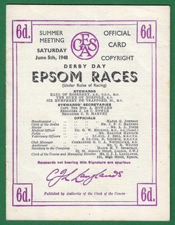 1948 EPSOM DERBY OFFICIAL RACECARD SUMMER MEETING. MY LOVE RAE JOHNSTONE WINS.