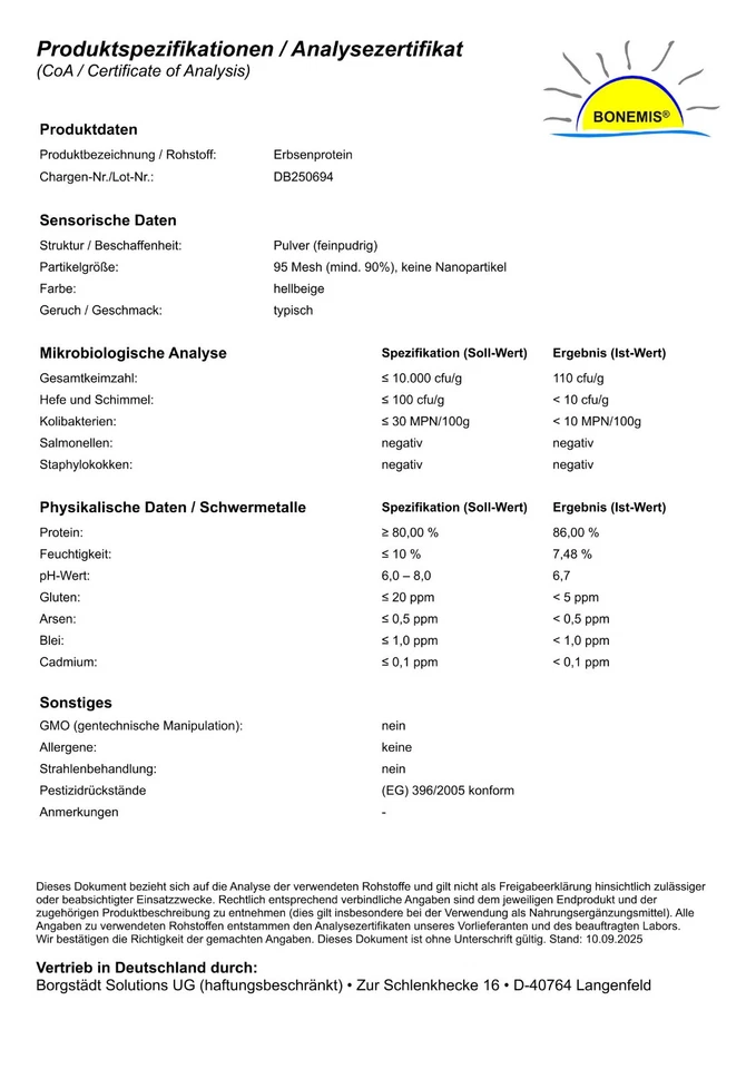 Erbsenprotein (86% Eiweiß, 18 Aminosäuren, vegan), 1 kg im Beutel, Bonemis® - Bild 3 von 4