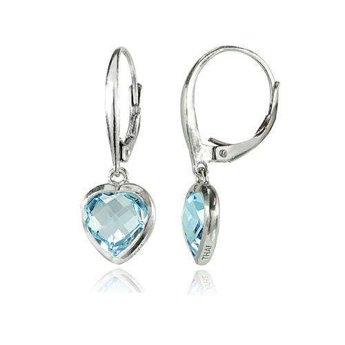 Sterling Silver Blue Topaz 8mm Bezel-Set Heart Dangle Leverback Earrings - Picture 3 of 3