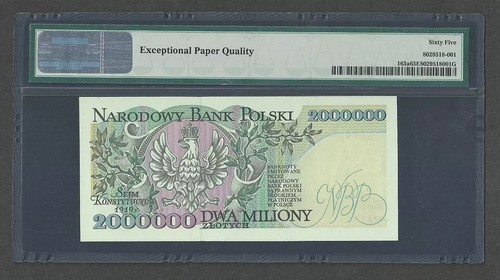 POLAND 2,000,000 ZLOTYCH 1993 P#163a CM#195 BLACK SERIAL PMG 65 EPQ GEM UNC - Picture 2 of 3