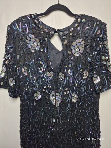 Vintage Stenay Plus Sequin Dress Womens 20 Black Floral Silk V-Neck Keyhole Back - Picture 9 of 15