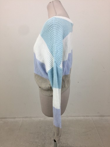 Hollister Women's V-neck Jumper Size M White Blue Brown Cropped Ribbed Used F1 - Picture 2 of 10