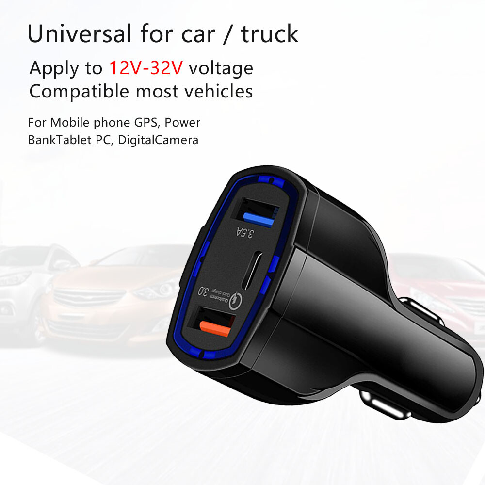 Caricabatterie Auto Veloce USB Qualcomm 35W – 3 Porte, 12-32V / 7A – Per IPhone, Samsung E Universal