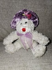 Dan Dee Collector's Choice 9" White Teddy Bear W/Purple Floppy Hat  Purple Bow