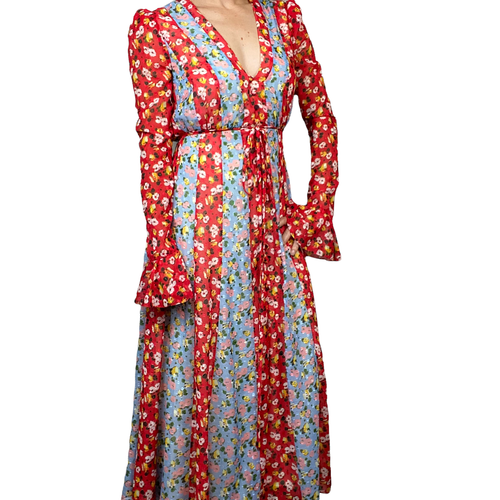 Carolina Herrera Printed Fil Coupé Chiffon Red Midi Dress Size 0 - Picture 3 of 16