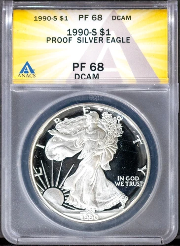 1990-S $1 Silver American Eagle PF 68 DCAM ANACS # 7573625 + Bonus