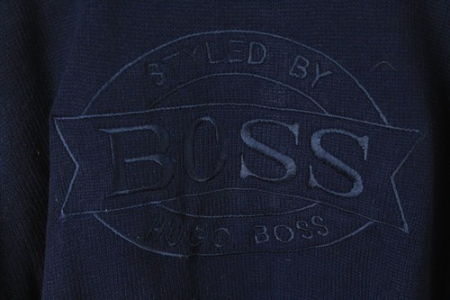 VINTAGE HUGO BOSS SWEATER SIZE XXL 90s navy blue big embroidery logo crewneck - Picture 4 of 5