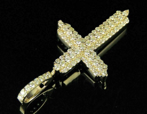 1.20 Ct Simulated Diamond 3 Row Prong Men's Cross Pendant 14K Yellow Gold Plated - Picture 4 of 7