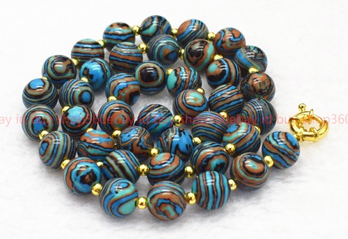 Handmade Natural 8/10mm Blue Stripe Turquoise Gems Round Beads Necklace 16-36in - Picture 7 of 12