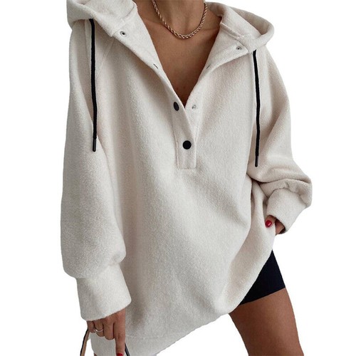 Damen Knopf Sweatshirt Polarfleece Langarm Baggy Hoodie Kapuze Tops Damen - Bild 7 von 10