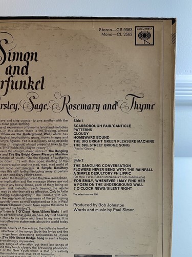 Simon & Garfunkel Parsley Sage Rosemary Thyme Original Vinyl Record CS 9363 1966 - Picture 3 of 5