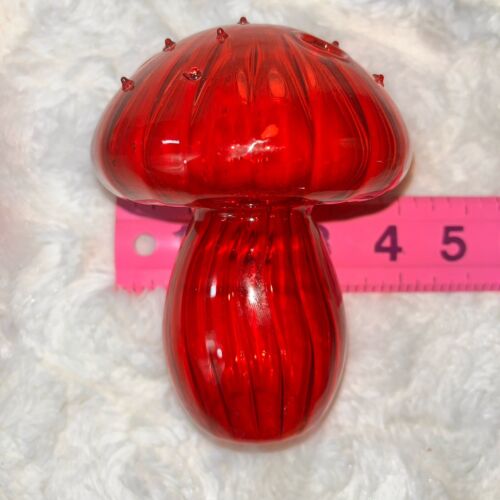 Set Of 3 Retro Hippy Vibe Glass Mushroom Vases Transparent 2 Red, 1 Yellow NICE! - Picture 6 of 13