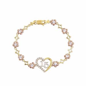 10k Solid Yellow Rose Gold Cz Heart Sweet 15 Bracelet Quinceanera Image Is Loading 10k Solid Yellow Rose Gold Cz Heart Sweet