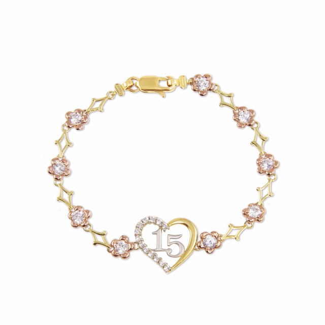 10K Solid Yellow Rose Gold CZ Heart Sweet 15 Bracelet Quinceanera Anos Birthday eBay