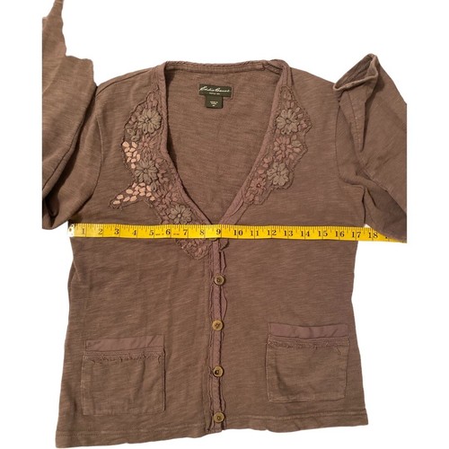 Eddie Bauer Distressed Shirt Jacket Womens Petite Small Brown Pockets - Picture 7 of 12