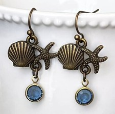 Blue Rhinestone and Bronze Sea Shell Earrings. Beach. Ocean. Coast.
