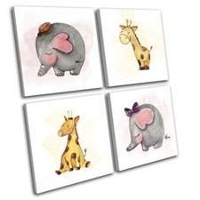 Cute Elephant Giraffe For Kids Room MULTI CANVAS WALL ART Picture Print