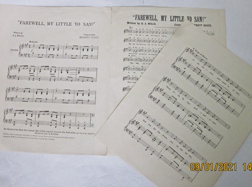 Hoja de música antigua ""Farewell, My Little Yo San"", de Mills & Scott c. 1900 - Imagen 2 de 3