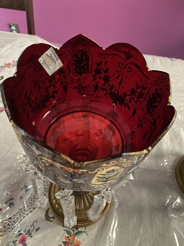 Pair Of Antique Victorian Ruby Glass Mantel Lusters FRANCE - Picture 12 of 21