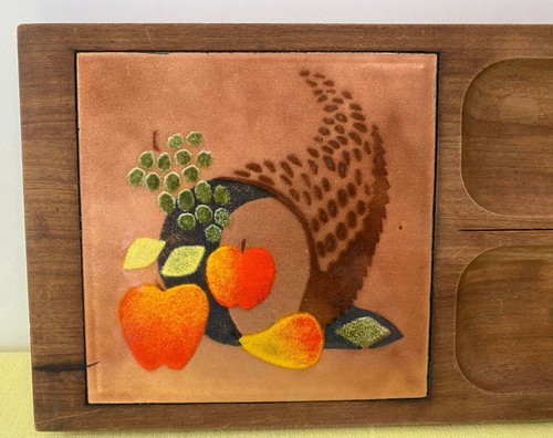 Vintage MCM Wood Cheese Tray Board - Walnut Copper Enamel Cornucopia Ernest John - Picture 3 of 11
