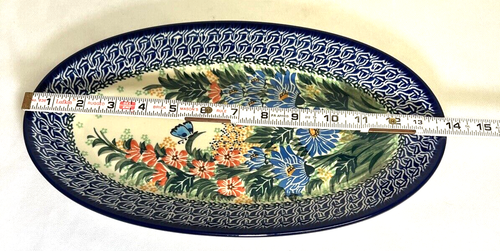 Handmade Polish Pottery Stoneware Unikat Lg Oval Serving Garden Of Love 14" - Picture 9 of 12