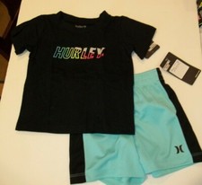 NEW HURLEY boys sz 24 months 2 pc set shorts short sleeve t shirt black aqua