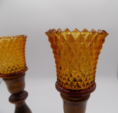 Mid Century Modern Set Of 2 Wooden Candlesticks With Amber Glass votive Holders - Picture 3 of 5
