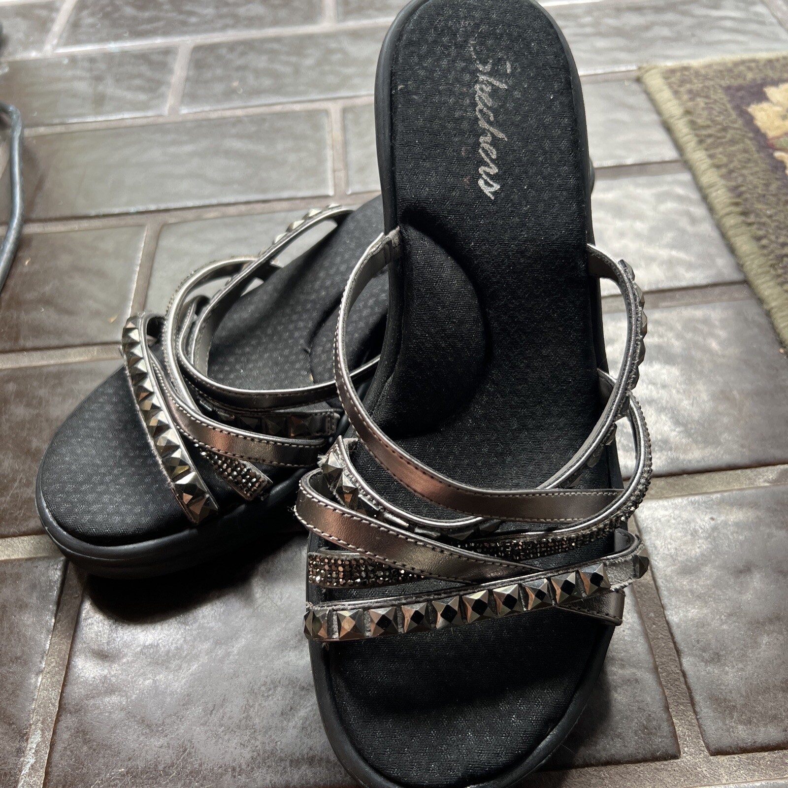 Skechers luxe foam wedge sandals brown bronze shiny… Gem