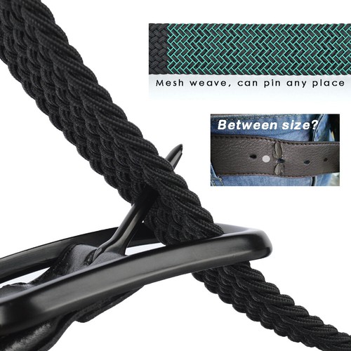 Herren Schwarz Stretch Gürtel für Übergröße Elastisch Webmaterial Sicher Quadratisch Schnalle - Bild 3 von 21