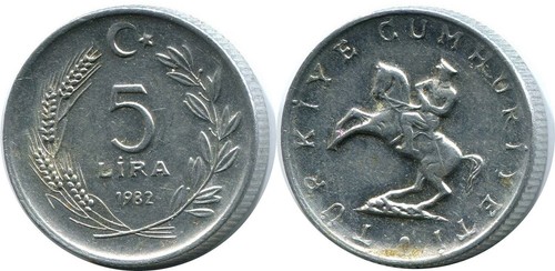 5 LIRA 1982 TURKEY Coin #AR249C - Picture 3 of 3