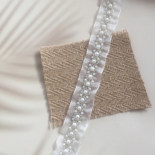 Beaded Pearl Trim Ribbon Chain Bridal Sash Diamante Wedding Belt Hat Bag Craft - Picture 9 of 15
