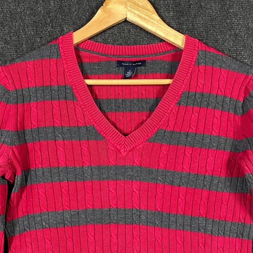 Tommy Hilfiger Womens Medium Pullover Sweater Rib Knit Pink Grey Stripe V-Neck - Picture 3 of 12