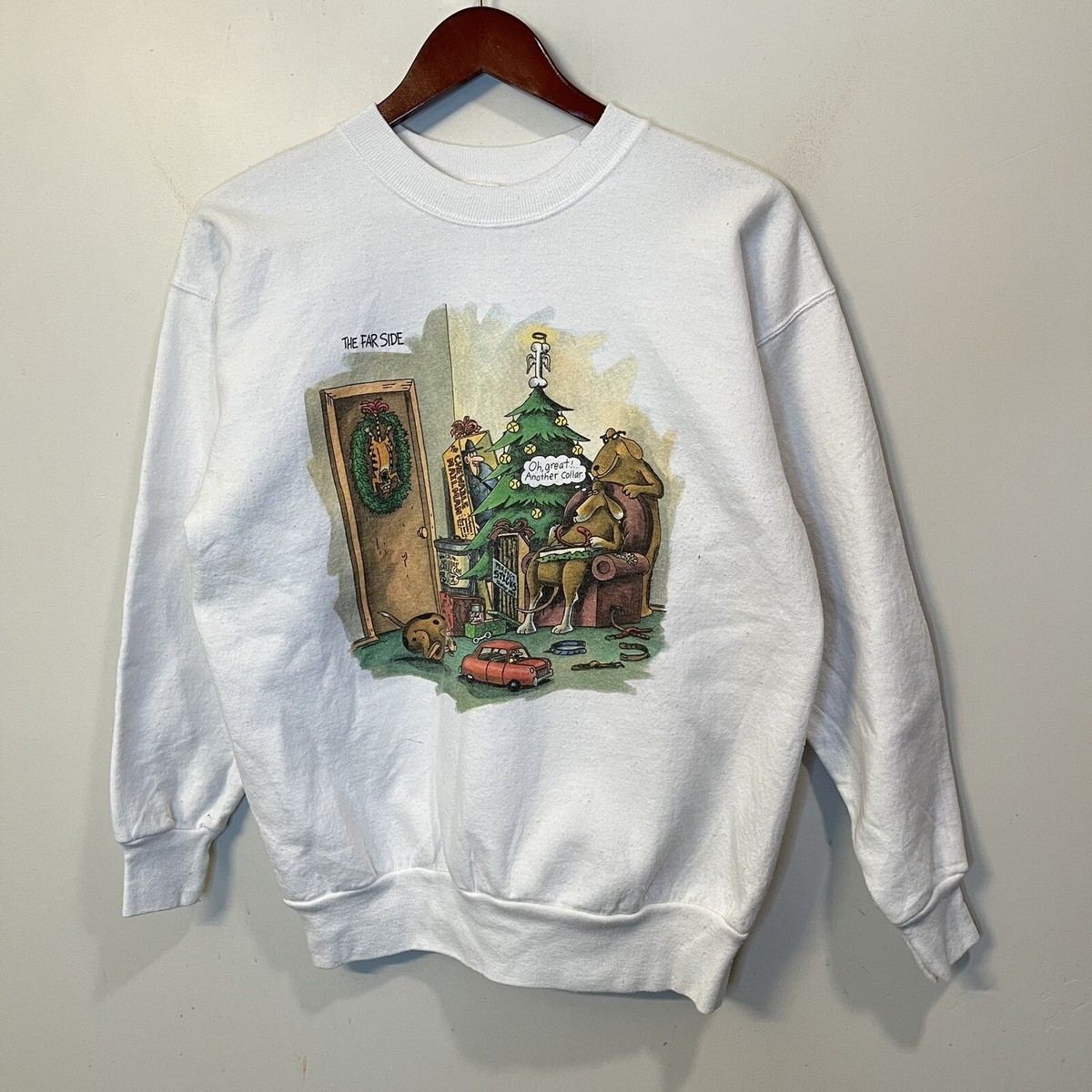 トップス 80s Discus The Far Side print sweat Vintage 1980s The Far Side Comic White Christmas Sweatshirt