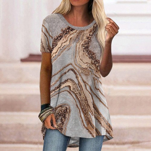 Womens Printed Loose Tunic Tops Summer Ladies Casual T-Shirt Short Sleeve Blouse - Picture 7 of 17