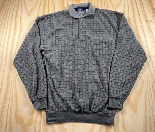 VTG Velour Dad Style Collared Sweater Adult Medium Gray Plush Knit Retro Mod