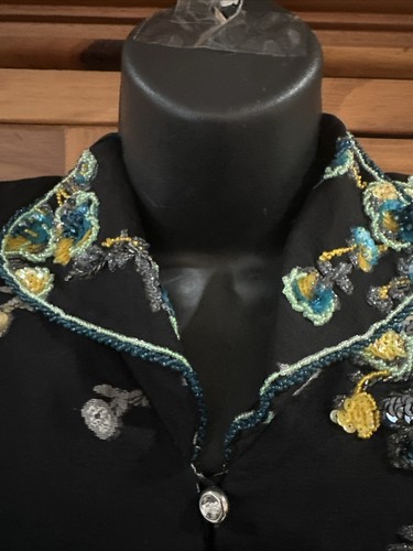 40s Black Rayon Printed & Hand Painted Beaded & Sequined Shirtwaist Dress XS - Picture 4 of 22