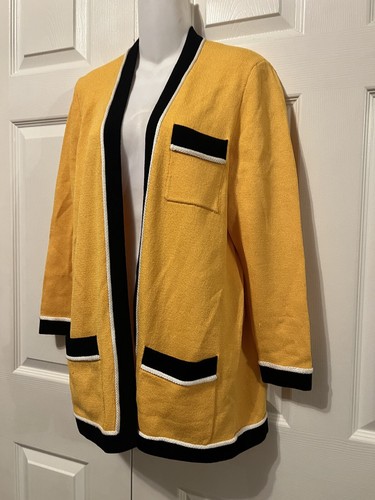 Cardigan vintage St John giallo dorato/nero Santana maglia aperto davanti taglia S - Foto 6 di 13